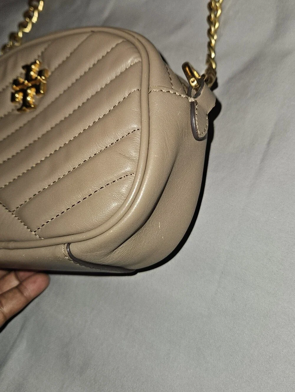 Tory Burch Taupe Quilted Chevron Leather Crossbody with Gold Chain